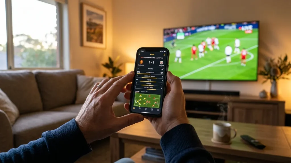 Person checking World Cup betting odds on smartphone while watching early morning football match