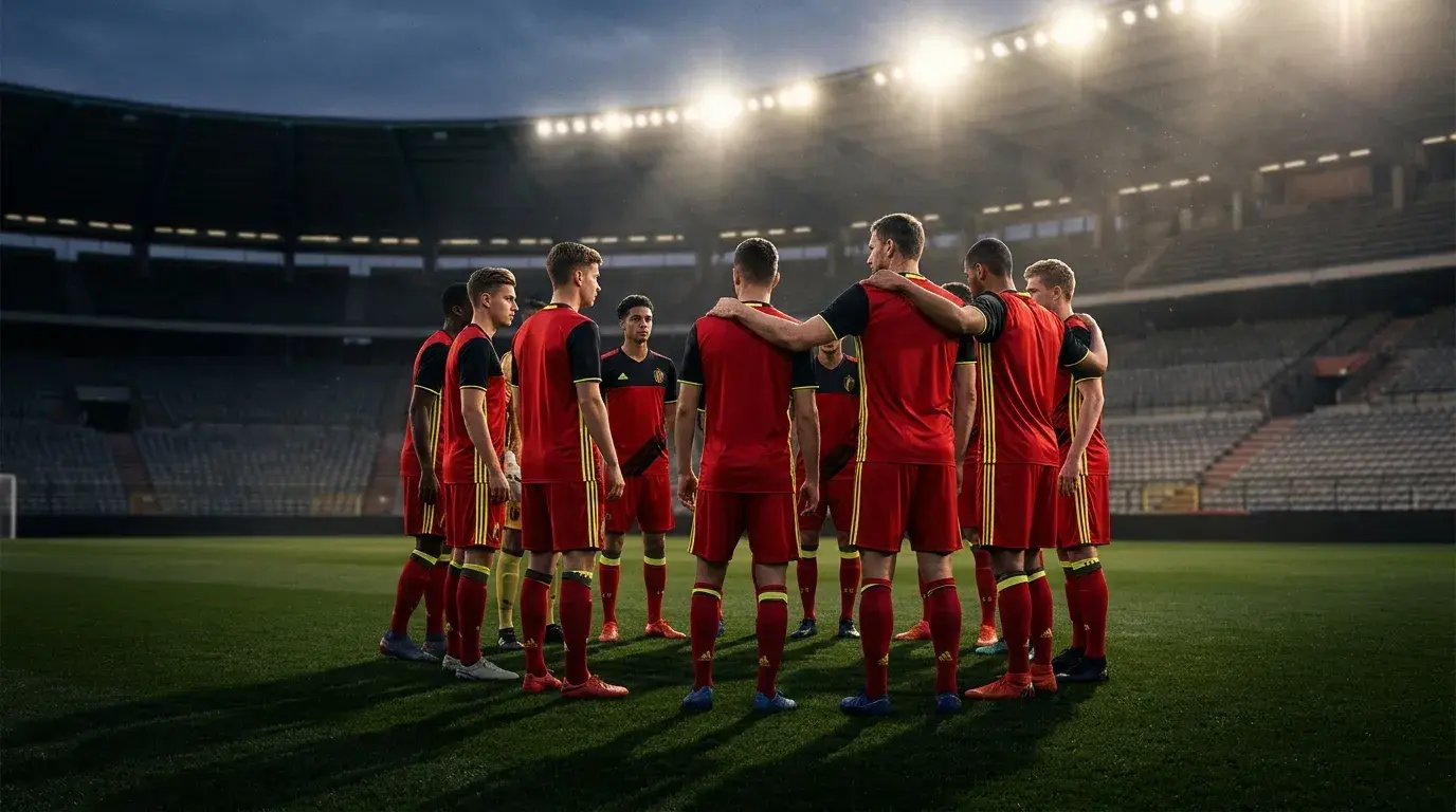 Belgium national football team players in red kit at World Cup 2026