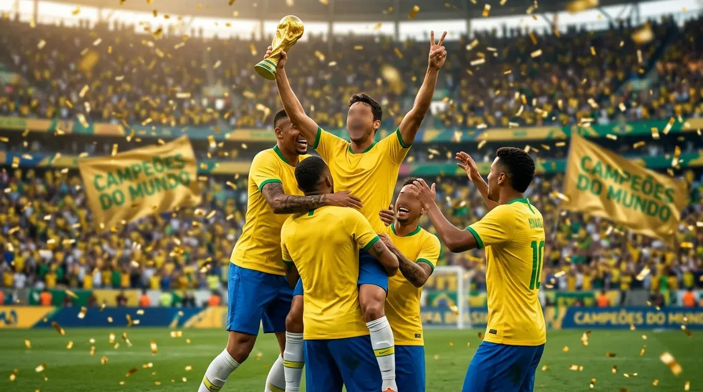 Brazil national football team players in yellow kit celebrating at World Cup 2026