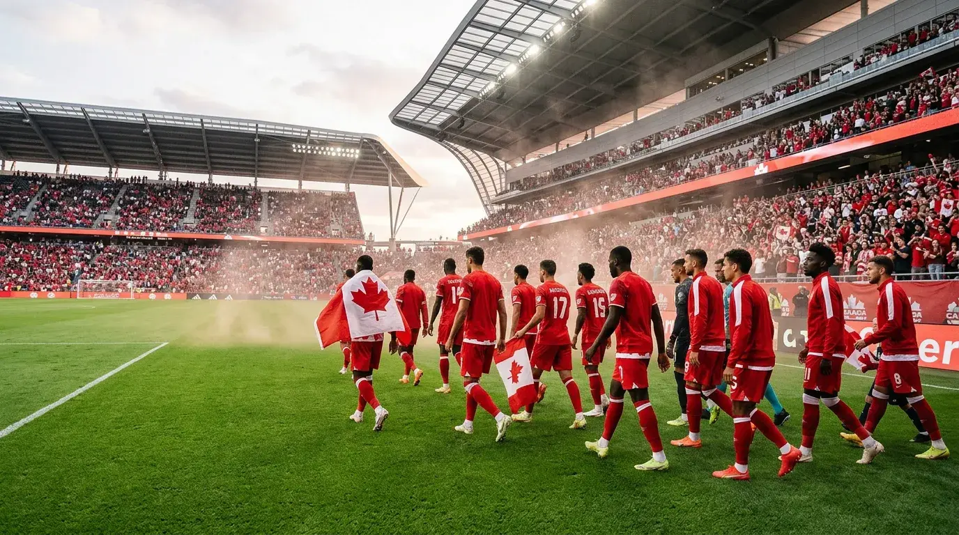 Canada national football team players in red and white kit at World Cup 2026