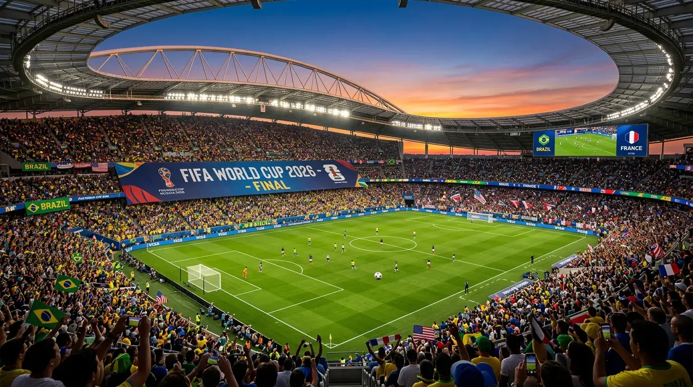 World Cup 2026 stadium in North America with pitch under lights