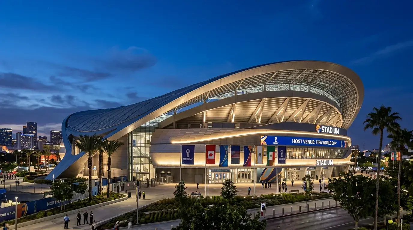 Modern North American football stadium exterior with distinctive architecture against clear blue sky