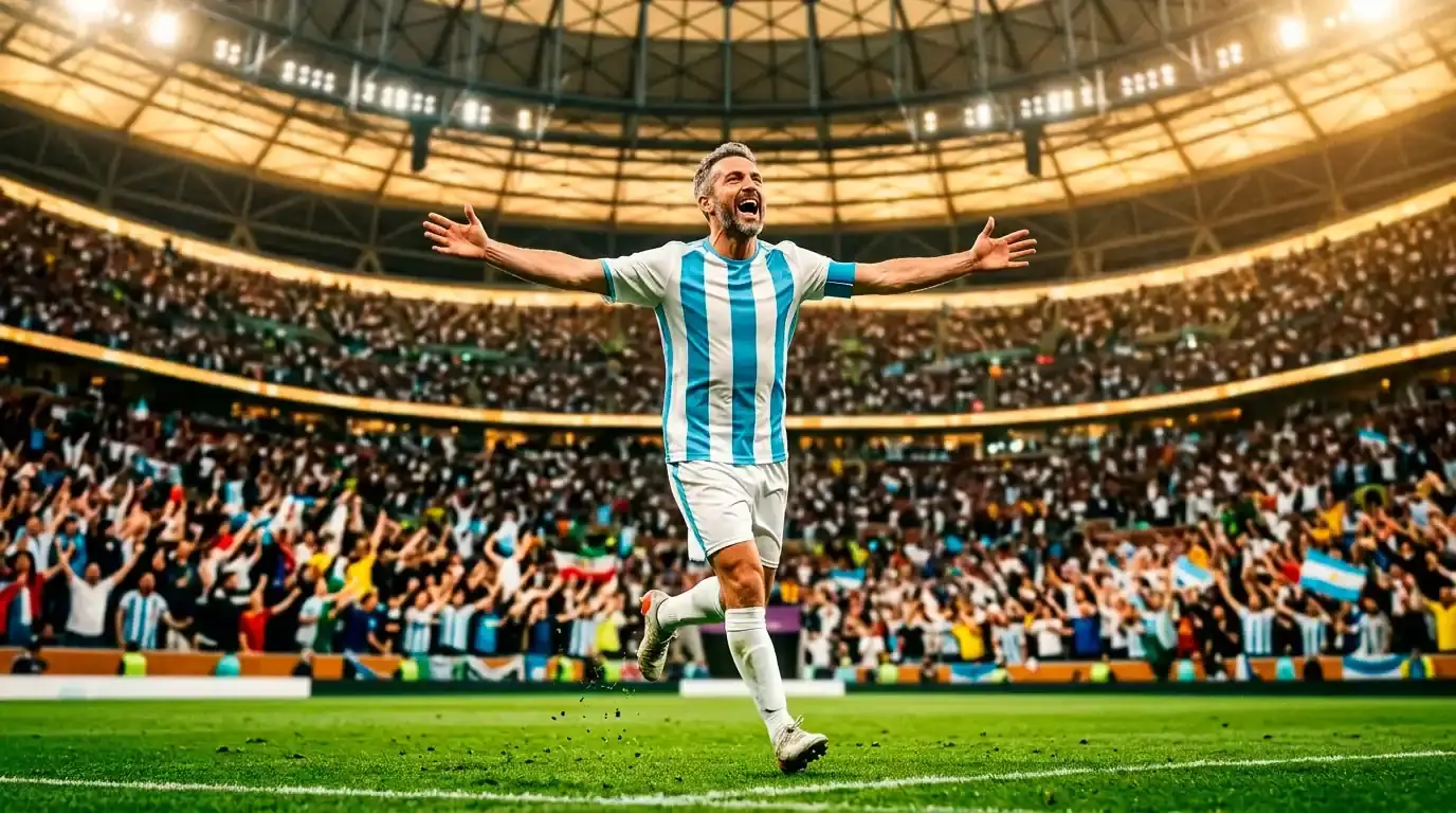 A footballer in a blue-and-white striped national-team kit celebrating a goal in a packed stadium