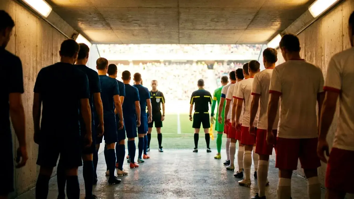 Two football teams lining up in a tunnel before a World Cup match