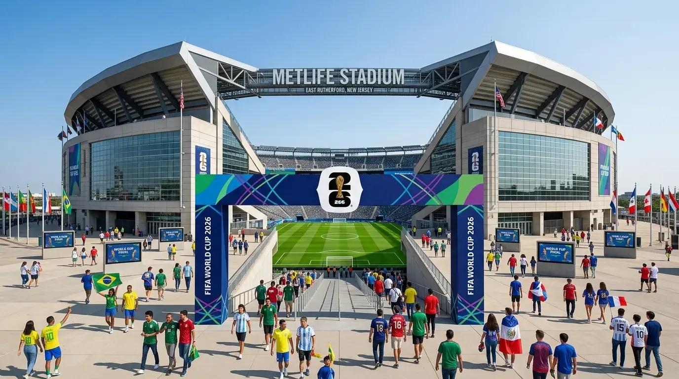 MetLife Stadium in East Rutherford New Jersey exterior view showing the World Cup 2026 Final venue