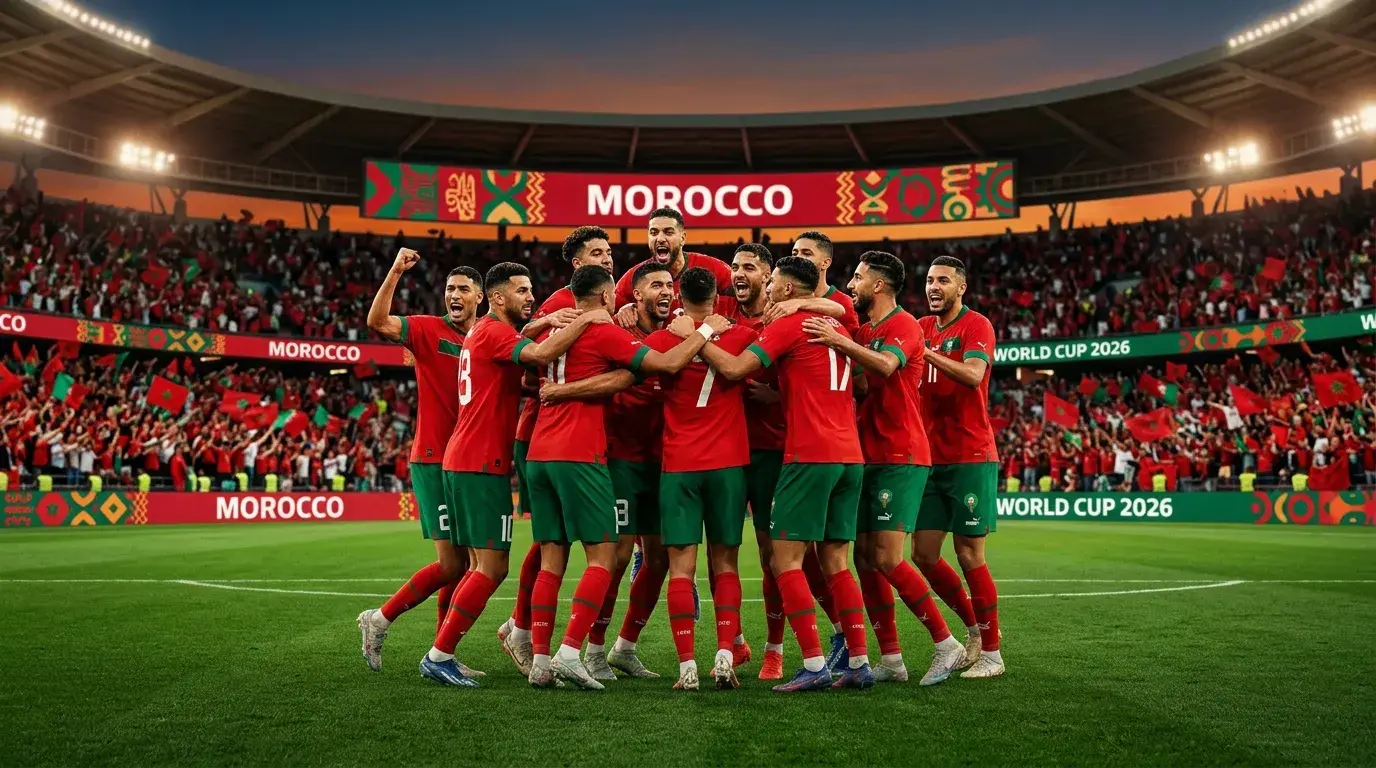Morocco national football team players in red and green kit at World Cup 2026