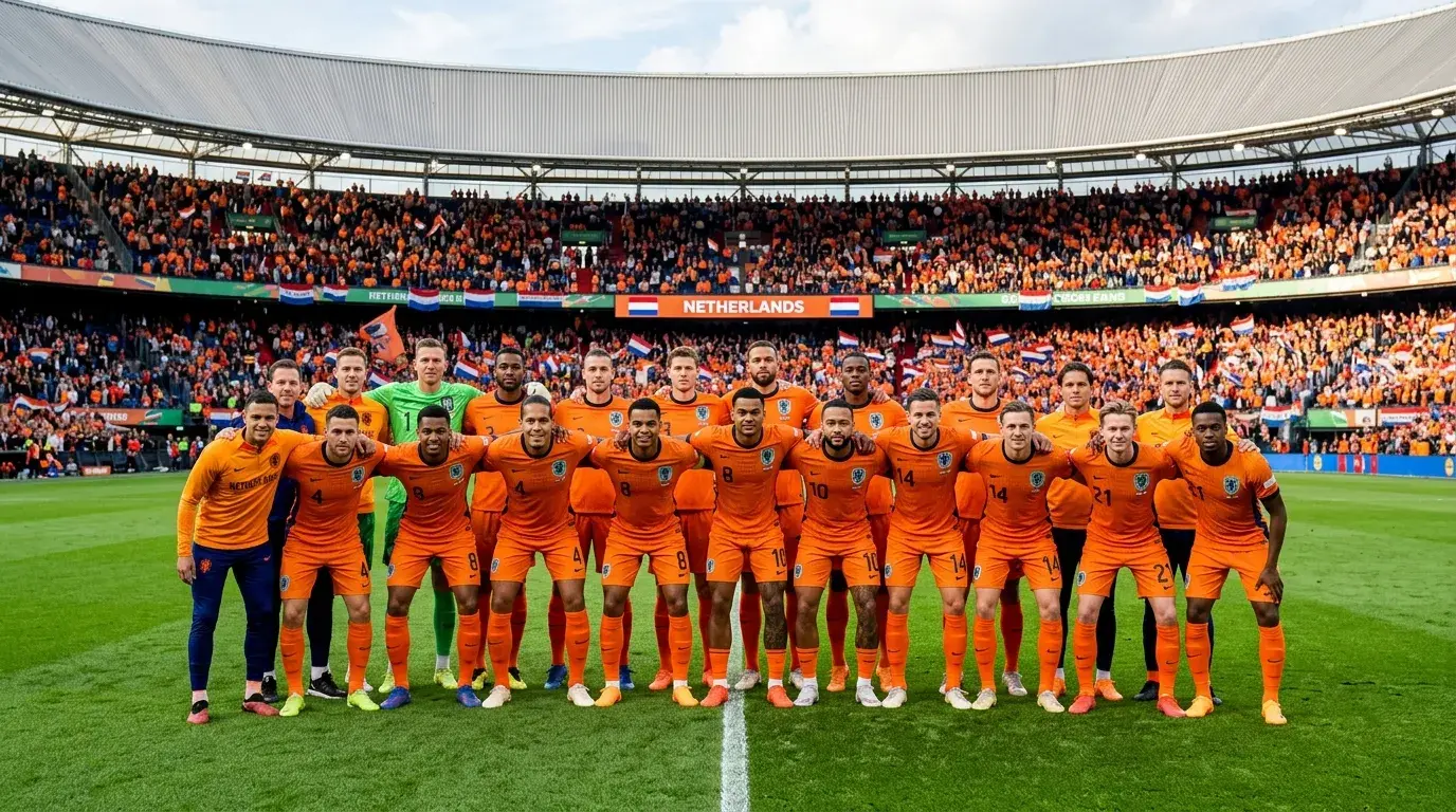 Netherlands national football team players in orange kit at World Cup 2026