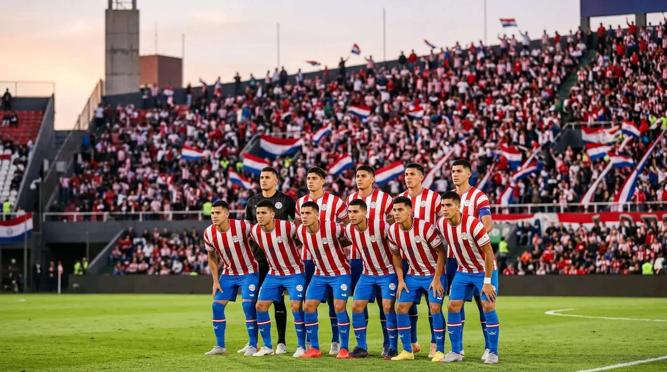 Paraguay national football team players in red and white striped kit at World Cup 2026