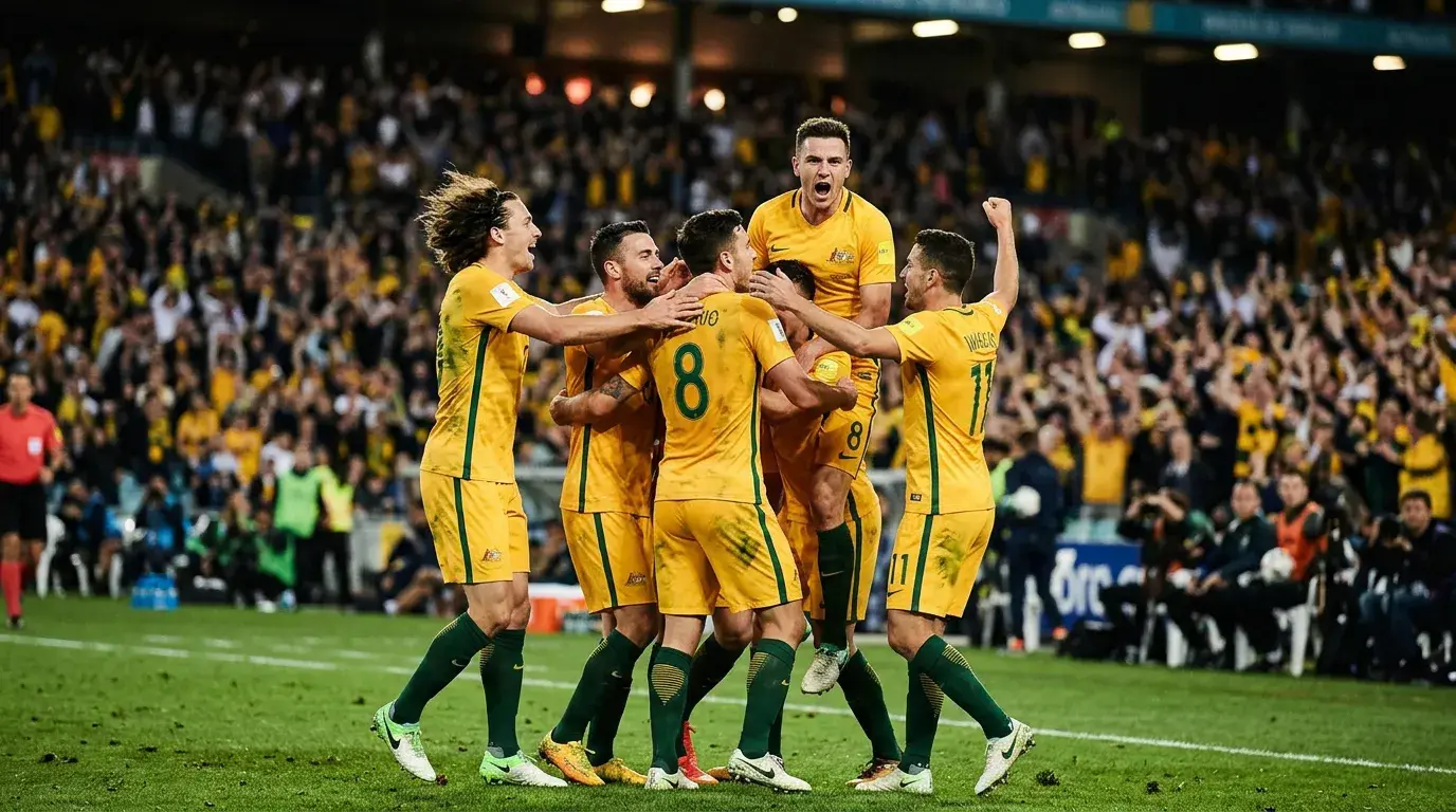 Australian Socceroos players in gold jerseys celebrating on pitch during international football match