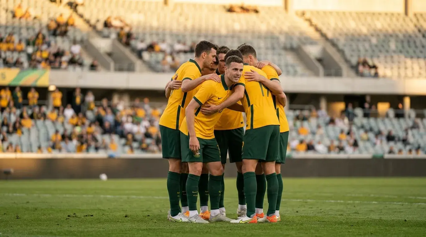 Australian national football team players in gold jerseys preparing for World Cup 2026