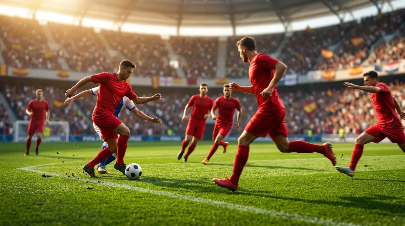 Spain national football team players in red kit at World Cup 2026