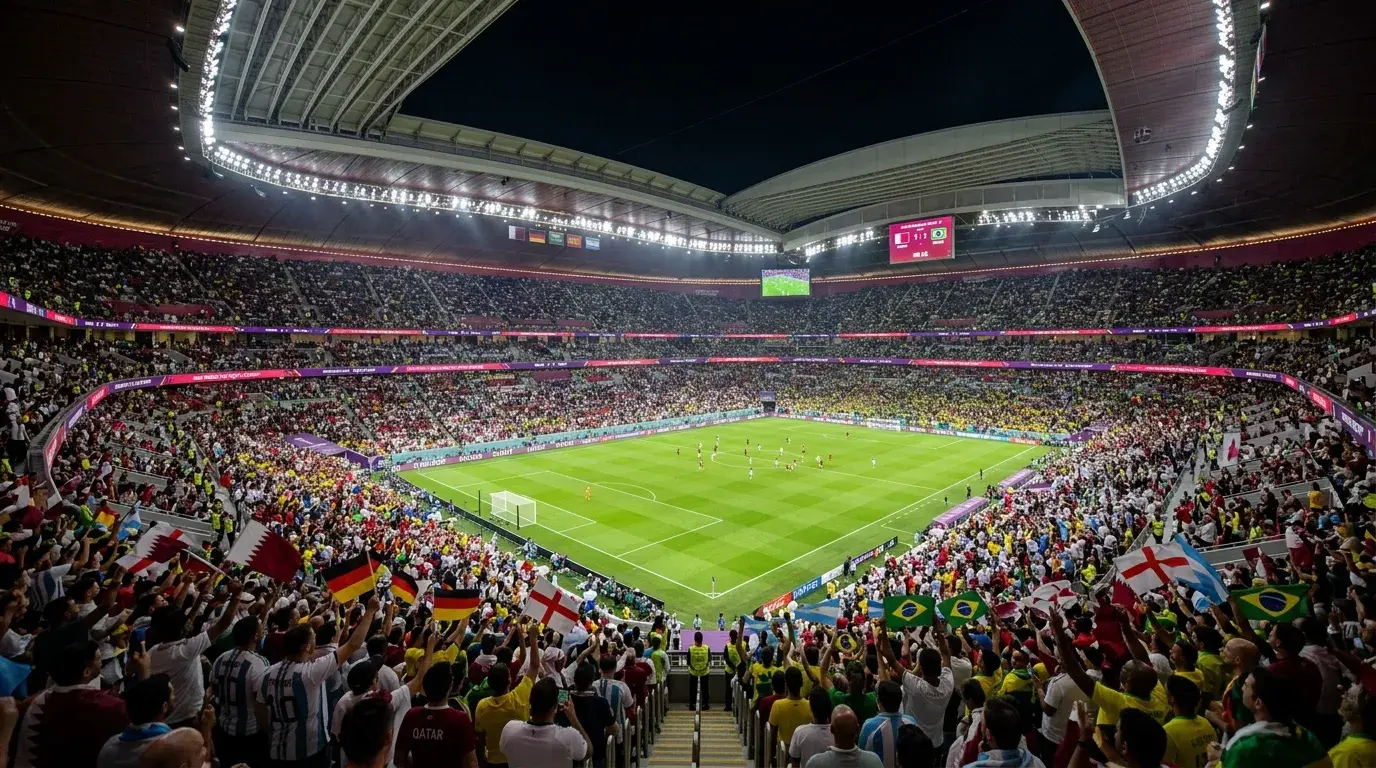 Football stadium interior showing green pitch and tiered seating filled with spectators during evening match
