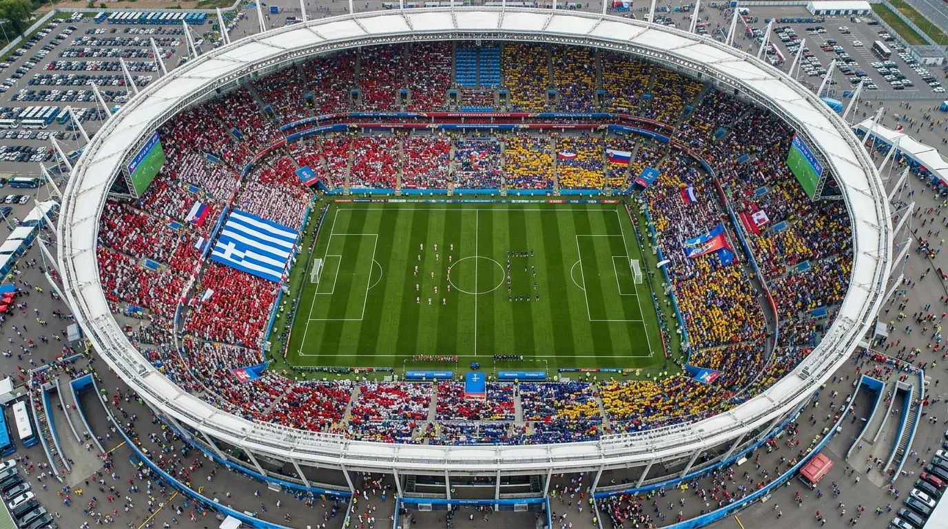 Aerial view of World Cup stadium with packed crowds surrounding green pitch during group stage match
