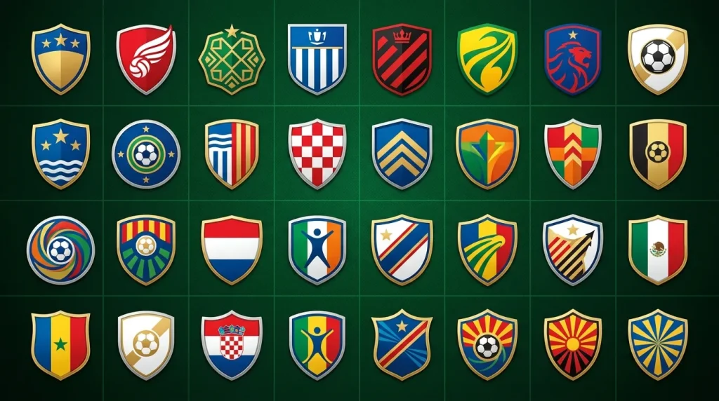 Grid display showing crests and colours of all 48 qualified nations for World Cup 2026