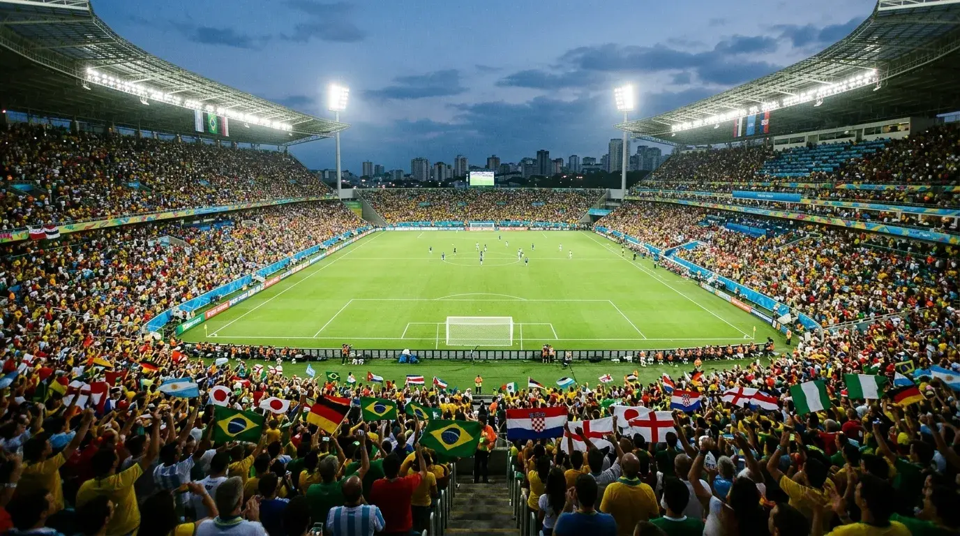 Stadium filled with supporters holding flags from multiple nations during a World Cup match under floodlights