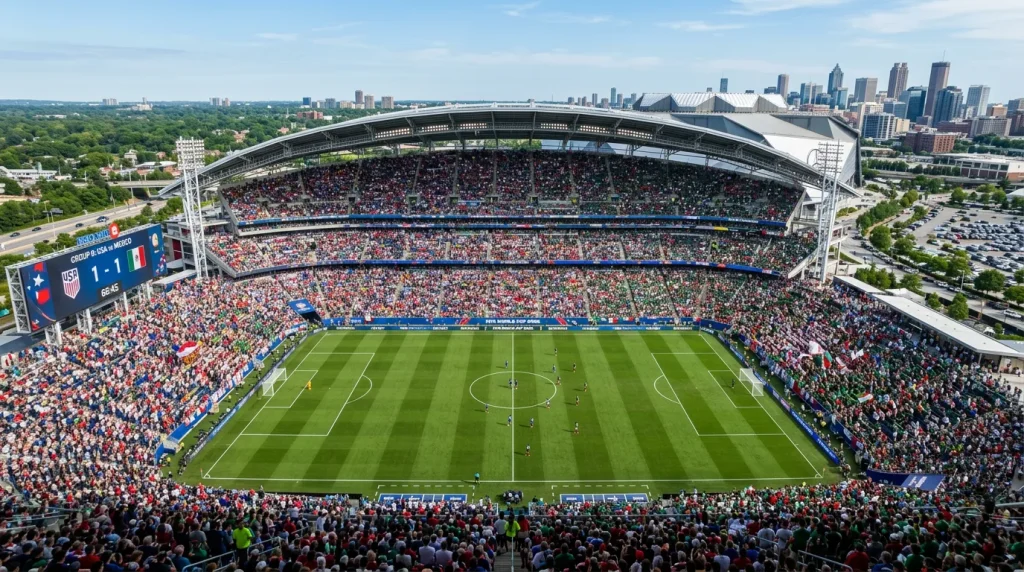 Wide angle view of packed World Cup stadium during group stage match