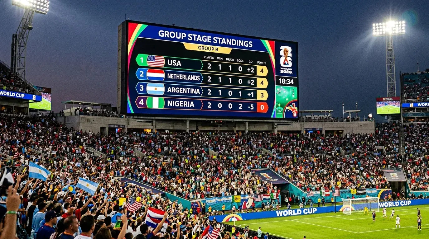 Stadium scoreboard displaying World Cup 2026 group stage standings with flags of competing nations