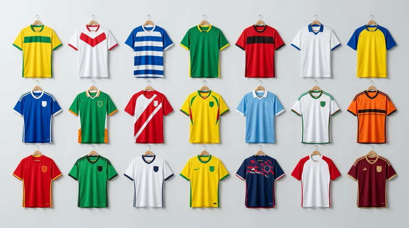 Panoramic view of diverse national team jerseys displayed together representing the 48 nations competing at World Cup 2026