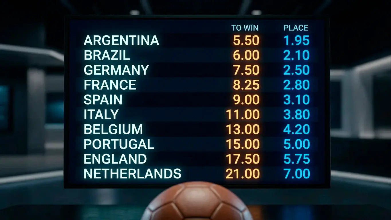A betting odds board displaying World Cup outright winner prices