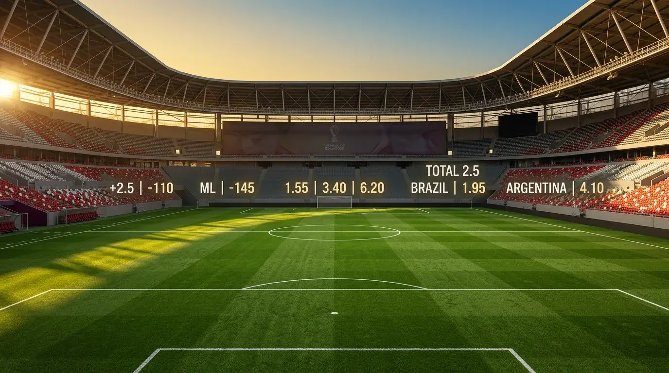 Football stadium with betting odds overlay representing different World Cup 2026 betting markets available to Australian punters