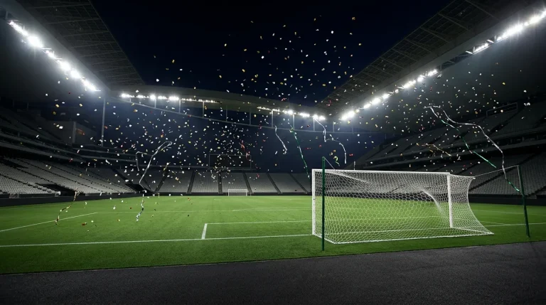 Football stadium scene capturing the moment of a major World Cup upset with celebrating underdog players