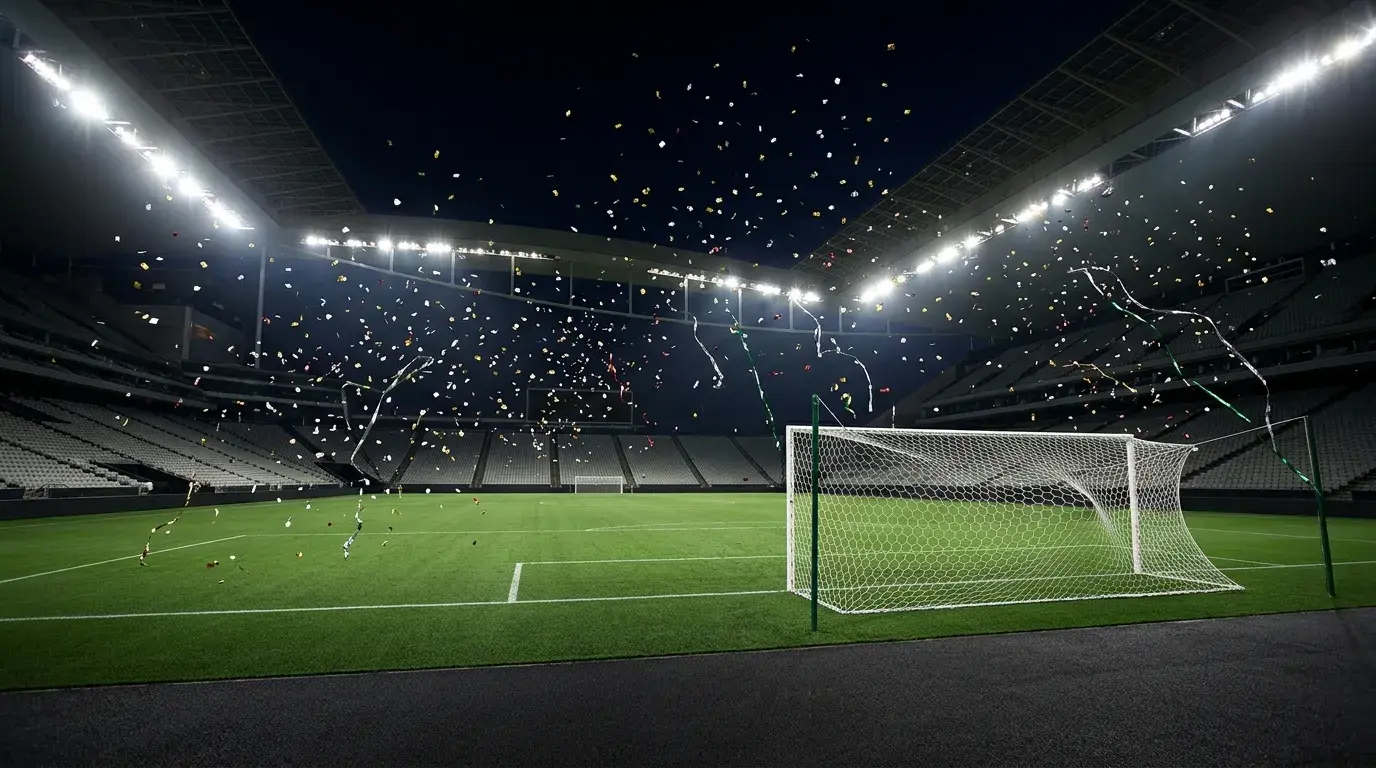 Football stadium scene capturing the moment of a major World Cup upset with celebrating underdog players