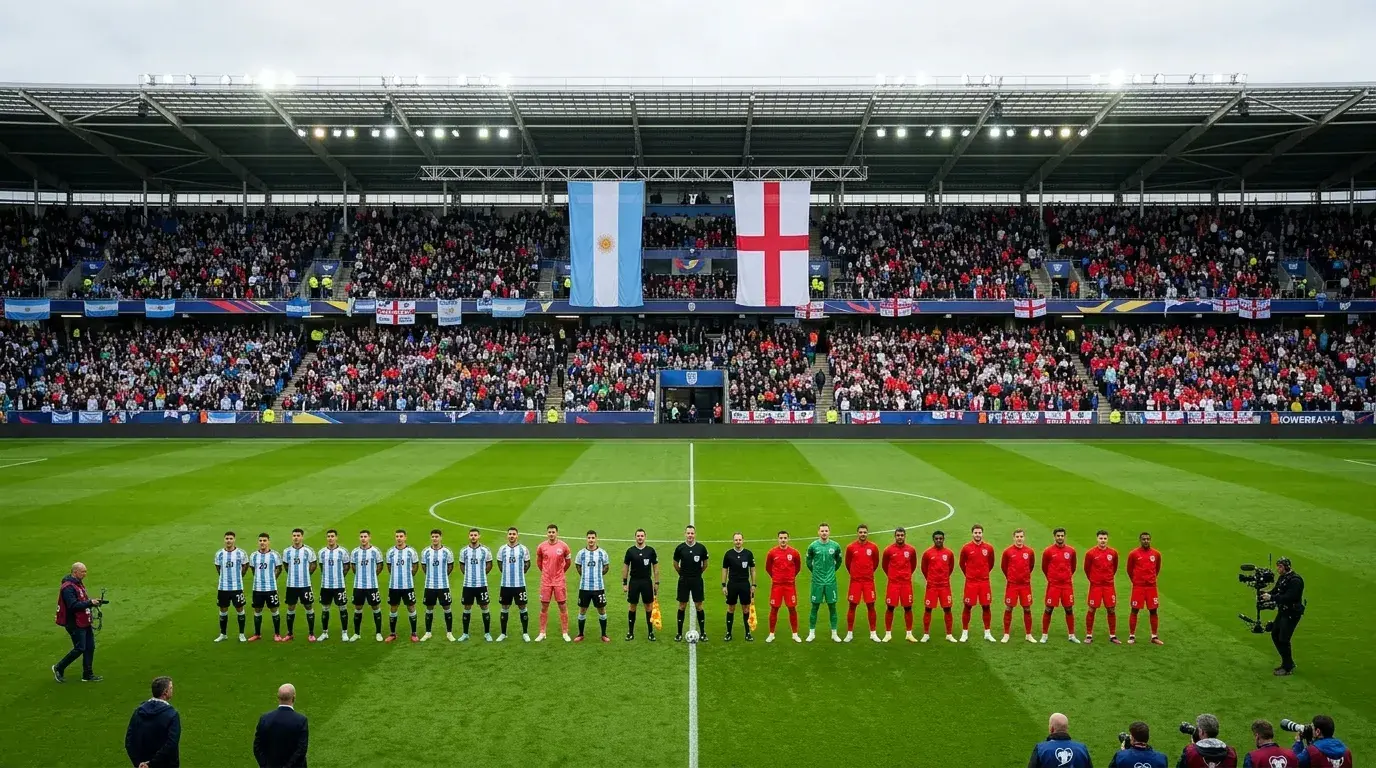 Football teams lined up on pitch before international match with national flags displayed in stadium