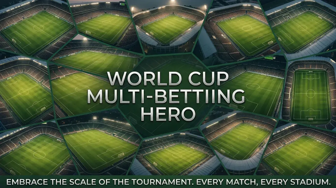 Multiple football match screens displaying World Cup 2026 games with accumulator betting slip overlay