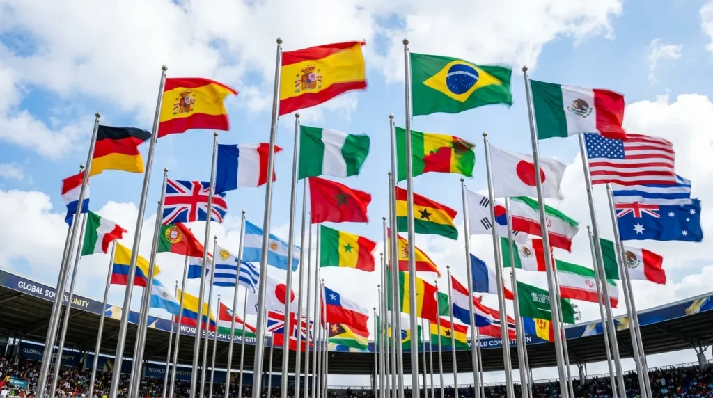Flags of all six FIFA confederations arranged representing the global nature of 48-team World Cup